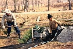 養殖池からニジマスを網で上げる博さん（左）と父の正吾さん（１９８７年ごろ）