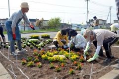 協力し合って花壇整備を行う会員