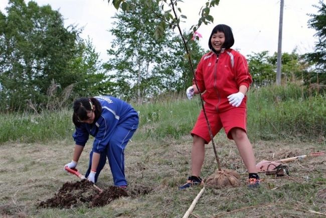 【写真】エゾヤマザクラを植樹　上士幌中　町緑の募金事業