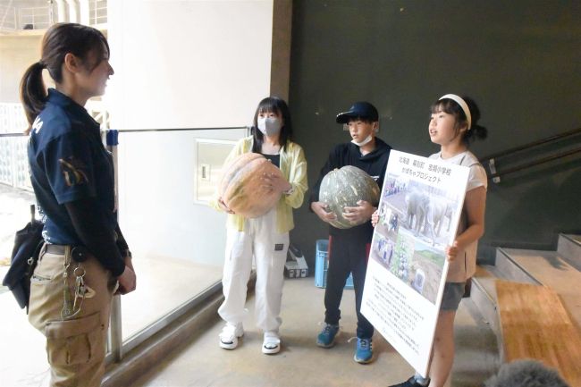 幕別忠類小児童　円山のゾウにカボチャ寄贈