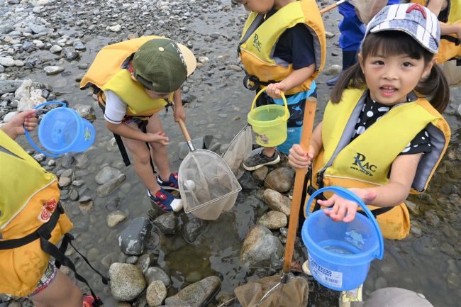 つめた～い！あじさい保育園児が札内川で魚類捕獲体験