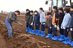 ナガイモについて鳥本さん（左）から説明を受ける生徒たち