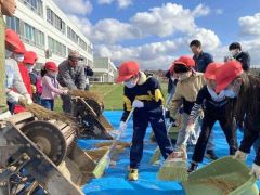 脱穀を体験する児童ら。左の足踏み脱穀機で落としたもみを拾い集めた