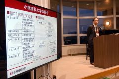 小樽商大の沿革などを参加者らに改めて紹介する穴沢学長
