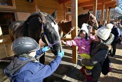 大きくて迫力のあるばん馬に触れ、大喜びの子ども（２日午前１１時４０分ごろ、おびひろ動物園で。金野和彦撮影）
