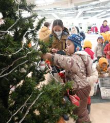 雪だるまやサンタなどのオーナメントを飾る園児ら