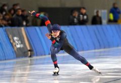 【スプリント男子５００メートル１回目】３５秒７のタイムで２位に入った松井大和（金野和彦撮影）