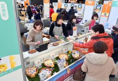 販売員の説明を受けながらチーズを試食する来場者（１２日午前１０時半ごろ、とかちプラザ特設会場で。金野和彦撮影）