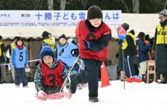 大きな声援を受けながら懸命にそりを引く子供たち