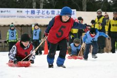 ※紙面用※大きな声援を受けながら懸命にそりを引く子供たち（２８日、須貝拓也撮影）