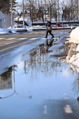 気温が上がり、車道に水たまりができた（３０日正午ごろ。市内西６南１９で。金野和彦撮影）