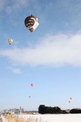 十勝の上空を舞う色鮮やかな熱気球（平栗玲香通信員撮影、１０日午前９時４０分時ごろ）