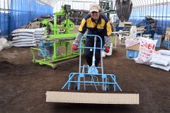種の入ったペーパーポットを運び出す内田さん（２７日午前１０時半ごろ、須貝拓也撮影）