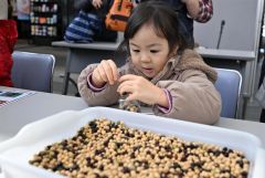 カラフルな豆を使った「豆びんアート」を楽しむ子ども(3日午前10時10分ごろ、須貝拓也撮影)
