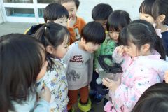 羽化したチョウに夢中な園児