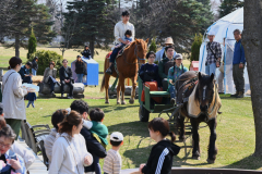 晴天の中、外でパンなどを食べる来店客の前をゆっくりと走る馬車（金野和彦撮影）