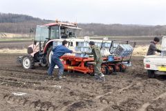 移植に向け、作業機にビート苗を載せる農業者ら