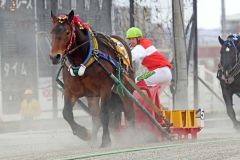 ２３日の第３レースで通算１００勝を達成した中村騎手（ばんえい十勝提供）