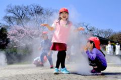 開花したサクラを背にミスト噴水で遊ぶ園児たち（２６日、午前１０時半ごろ、音更町役場前で。金野和彦撮影）