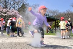 開花したサクラを背にミスト噴水で遊ぶ園児たち（２６日、午前１０時１５分ごろ、音更町役場前で。金野和彦撮影）