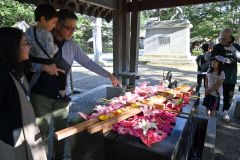 鮮やかな花手水を楽しむ親子連れ