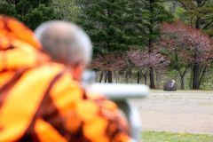 訓練で、警察官職務執行法に基づき、校庭のクマを駆除するハンター（８日午前１０時１５分ごろ、平栗玲香通信員撮影）