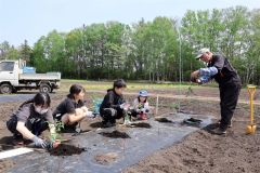 恩田さん（右）にアドバイスをもらってミニトマトの苗を植える児童ら