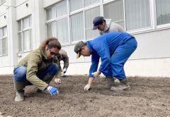 勇足中の花壇でほんべつ豆まかナイト使用の大豆の豆まき　草取りは中学生が担当 4