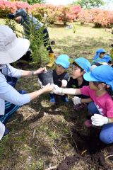 友達同士で協力し、ツリーの苗木を植える子どもたち