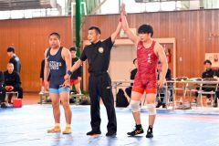 【団体戦・帯北－札幌東豊７１キロ級】帯北の菊池頼（３年、赤色のシングレット）＝金野和彦撮影