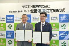 協定書を交わす手島町長（左）と角社長
