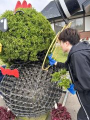 骨組みに苗を植える参加者