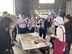 新鮮なラワンブキを使った料理を味わう参加者たち