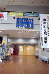 ２７００羽の折り鶴で作られた「がんばれワカナ」のメッセージと五輪マーク