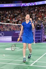 【女子ダブルス予選ラウンドグループＡ・インドネシア戦】第２ゲームポイントを奪い、ガッツポーズを見せる永原和可那（金野和彦撮影）