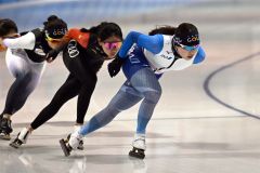 氷上の感触を確かめるように滑る佐藤綾乃（先頭）らｔｅａｍＧＯＬＤのメンバー
