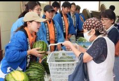 多くの町民でにぎわった農大生の野菜即売会