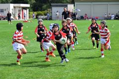 トライを目指す帯広ラグビースクールの小学校低学年の選手