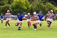 【北大会準決勝・遠軽―北見北斗】遠軽(青ユニホーム)は後半15分、上村寛大(左から2人目)突進力を生かして自身五つ目のトライを挙げる。右から2人目はサポートに入る朝倉叶兜