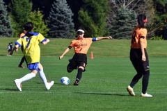 【1回戦・帯北―函館大谷】前半8分、力強いミドルシュートを突き刺した帯北のMF(8)坂本来美主将(中央、3年)