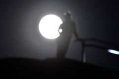 スーパームーンに見入る来訪者(17日午後5時半すぎ、帯広の森の「もりの山」で。塩原真撮影)