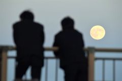 昇った満月を見入る高校生(17日午後4時40分ごろ、帯広の森の「もりの山」で。塩原真撮影)