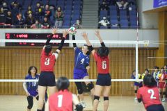 【1回戦・白樺学園―道栄】力強いスパイクを打ち込む白樺学園の野澤美羽主将(中央)