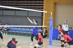 【1回戦・白樺学園―道栄】鋭いスパイクを決め、ガッツポーズを見せた白樺学園の松本姫乃(中央)